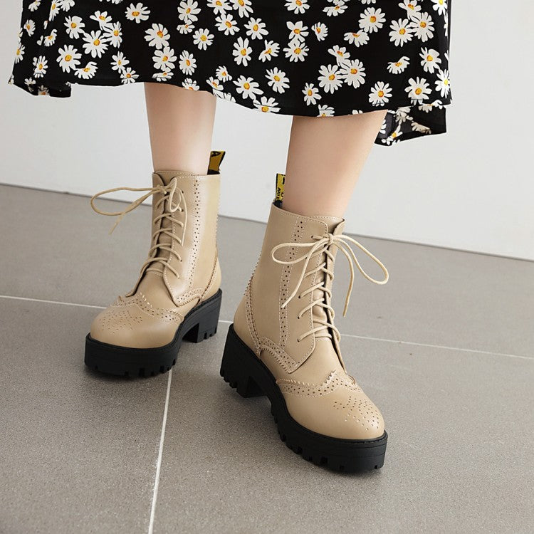 Women Lace Up Laser Block Heel Platform Short Boots