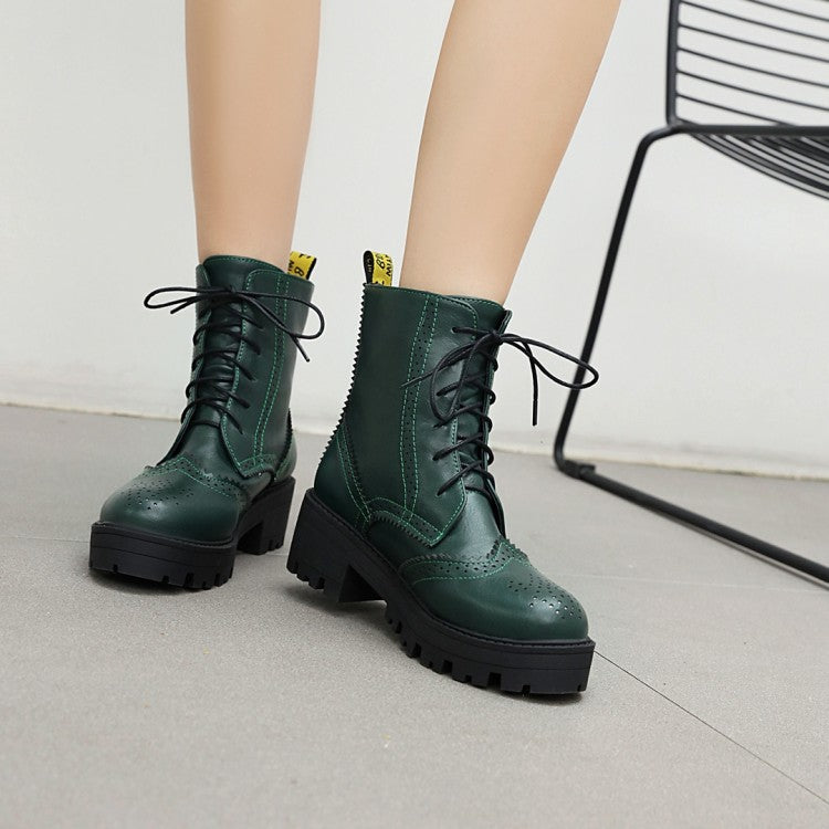 Women Lace Up Laser Block Heel Platform Short Boots