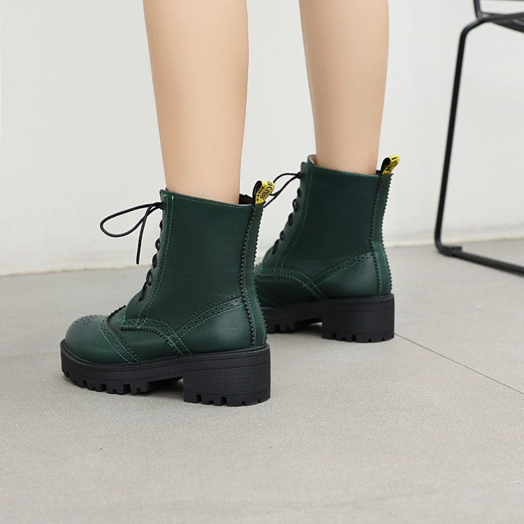 Women Lace Up Laser Block Heel Platform Short Boots