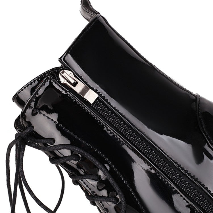 Women Glossy Lace Up Side Zippers Block Heel Platform Short Boots