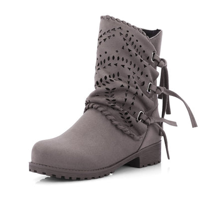 Women Flock Tied Straps Cutout Puppy Heel Platform Short Boots