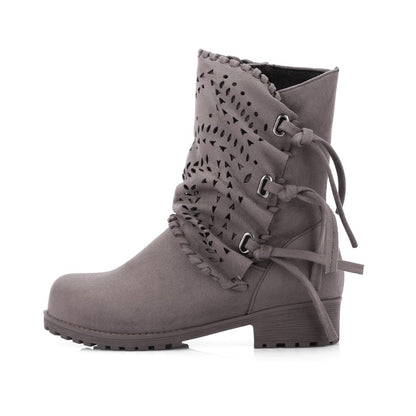 Women Flock Tied Straps Cutout Puppy Heel Platform Short Boots