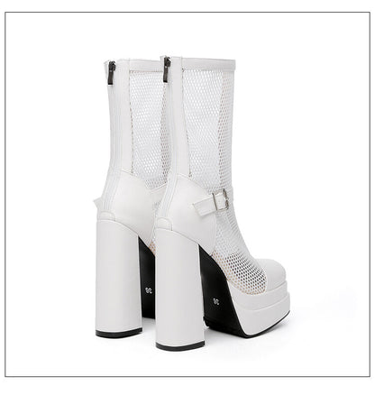 Square Toe Mesh Buckle Zipper Block Platform Mid Calf Boots for Women