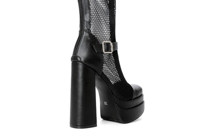 Square Toe Mesh Buckle Zipper Block Platform Mid Calf Boots for Women