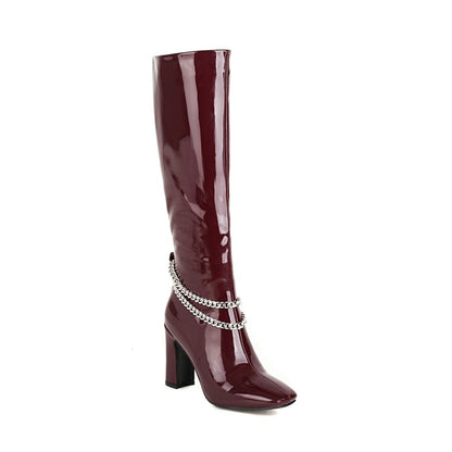 Glossy Metal Chains Side Zippers Chunky Heel Knee-High Boots for Women