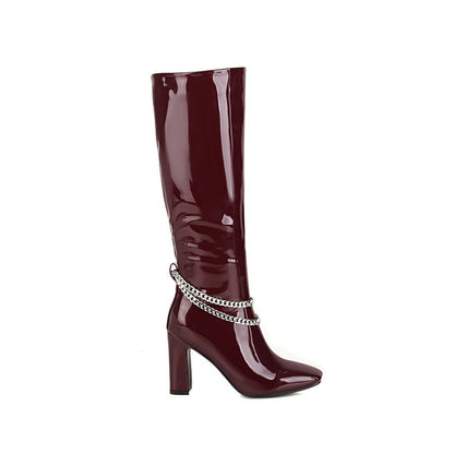 Glossy Metal Chains Side Zippers Chunky Heel Knee-High Boots for Women