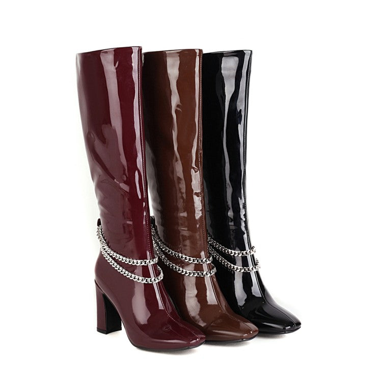 Glossy Metal Chains Side Zippers Chunky Heel Knee-High Boots for Women