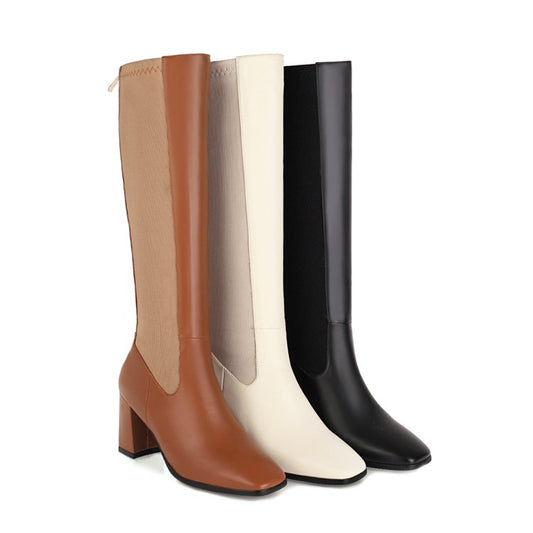 Bicolor Square Toe Zippers Chunky Heel Knee-High Boots for Women