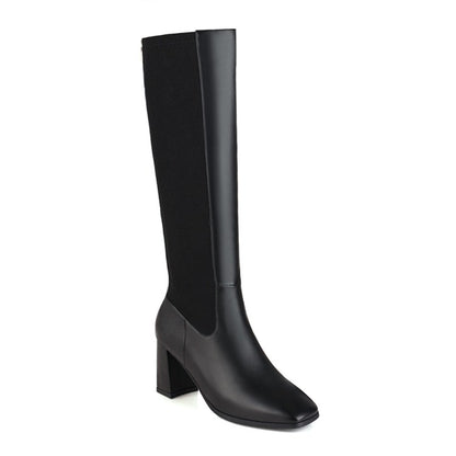 Bicolor Square Toe Zippers Chunky Heel Knee-High Boots for Women