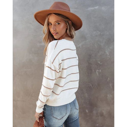 Womens Round Neck Stripe Long Sleeve Pullover Sweater