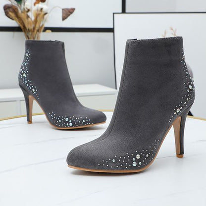 Pointed Toe Rhinestone Women High Heels Short Boots