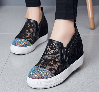 Sequined Women Wedges Cutout Platform Shoes