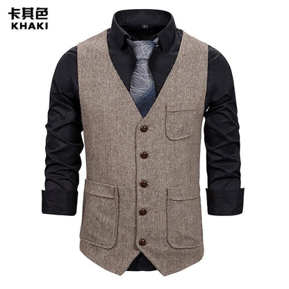 Men's Woollen Double Pocket Single Breasted Tough Guy Suit Vest