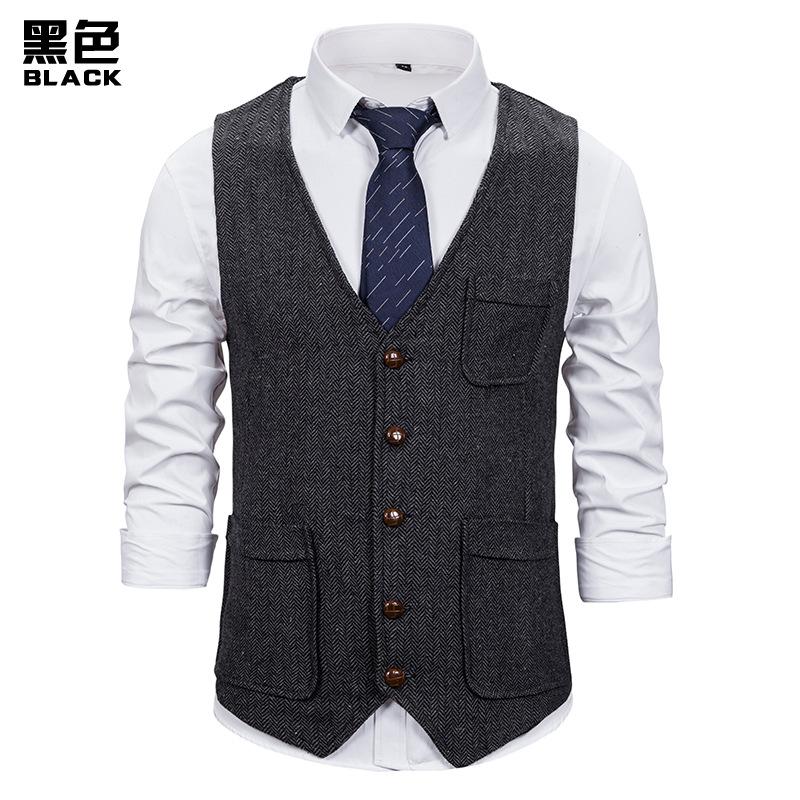 Men's Woollen Double Pocket Single Breasted Tough Guy Suit Vest