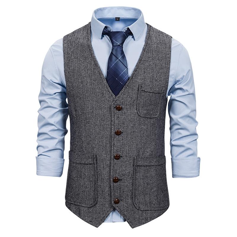 Men's Woollen Double Pocket Single Breasted Tough Guy Suit Vest