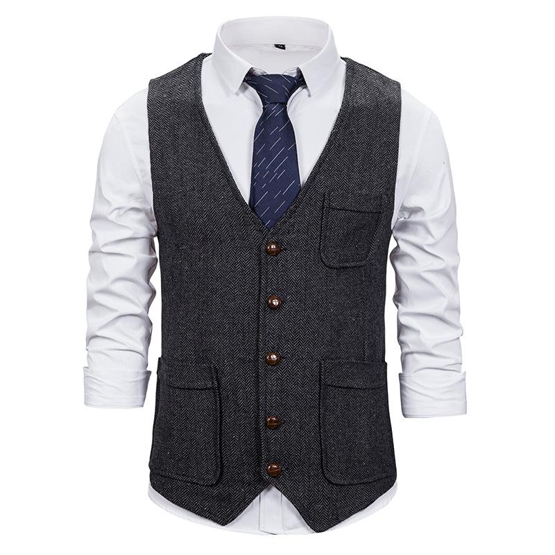 Men's Woollen Double Pocket Single Breasted Tough Guy Suit Vest