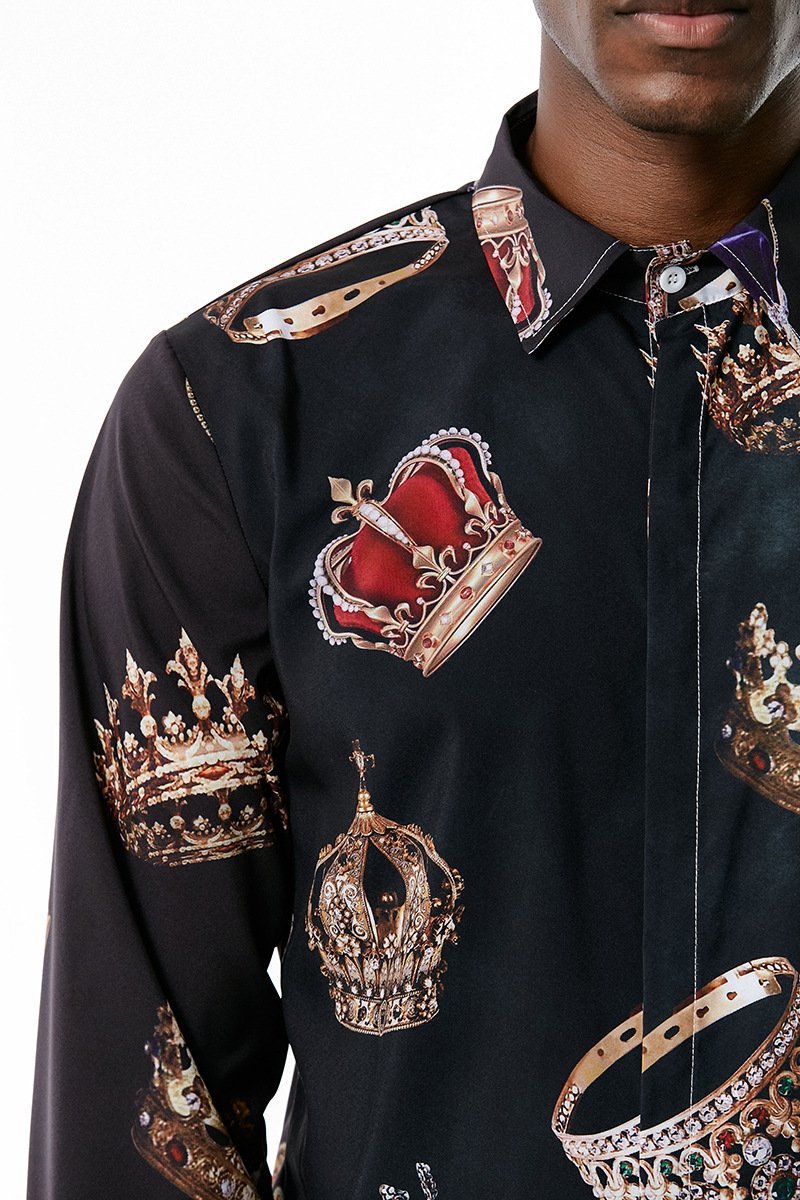 Men's 3D Button Royal Style Crown Printing Long Sleeves Casual Shirts