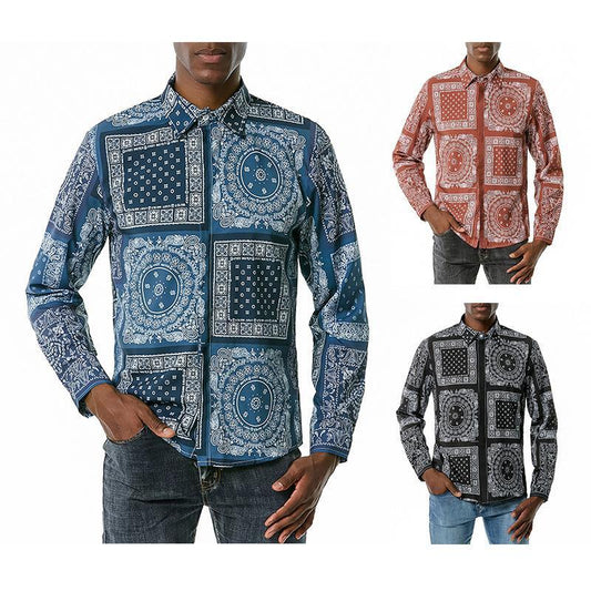 Men's 3D Button Retro Printing Long Sleeves Casual Shirts