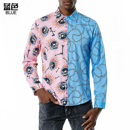 Men's 3D Button Flame Skull Chain Printing Long Sleeves Casual Shirts