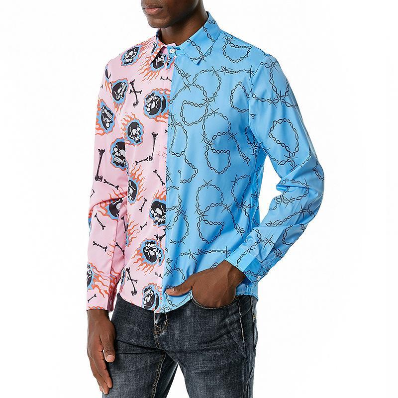 Men's 3D Button Flame Skull Chain Printing Long Sleeves Casual Shirts