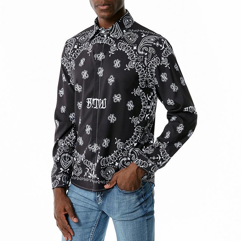 Men's 3D Button Retro Printing Long Sleeves Casual Shirts