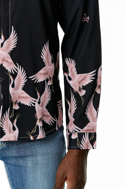 Men's 3D Button Cranes Printing Long Sleeves Casual Shirts