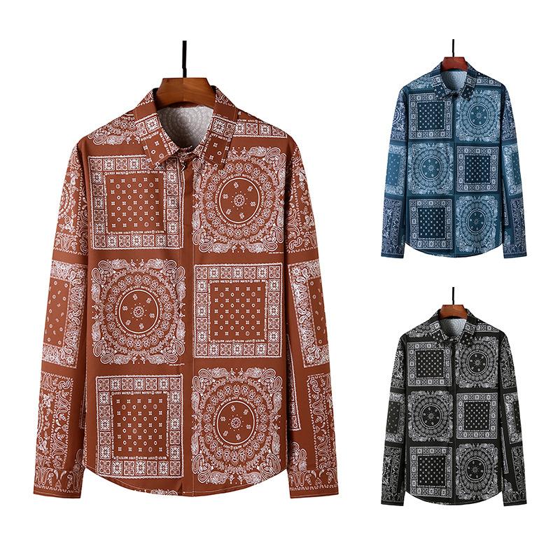 Men's 3D Button Retro Printing Long Sleeves Casual Shirts