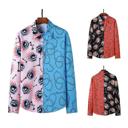 Men's 3D Button Flame Skull Chain Printing Long Sleeves Casual Shirts