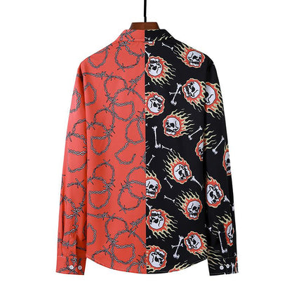 Men's 3D Button Flame Skull Chain Printing Long Sleeves Casual Shirts