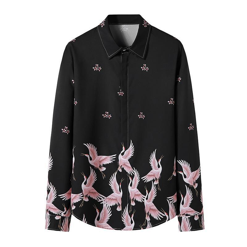 Men's 3D Button Cranes Printing Long Sleeves Casual Shirts