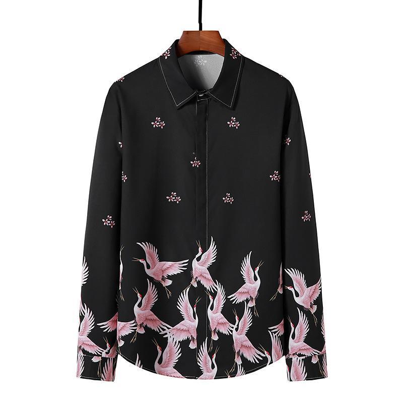 Men's 3D Button Cranes Printing Long Sleeves Casual Shirts