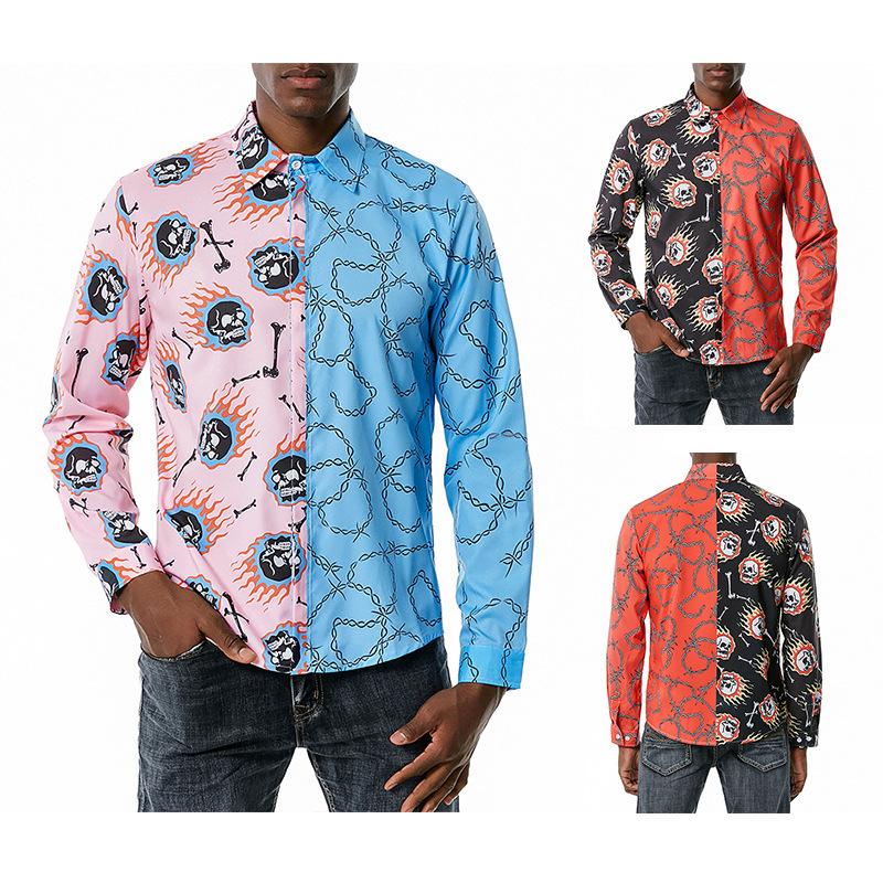 Men's 3D Button Flame Skull Chain Printing Long Sleeves Casual Shirts