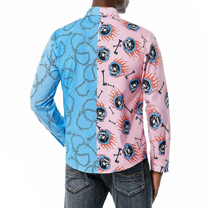 Men's 3D Button Flame Skull Chain Printing Long Sleeves Casual Shirts