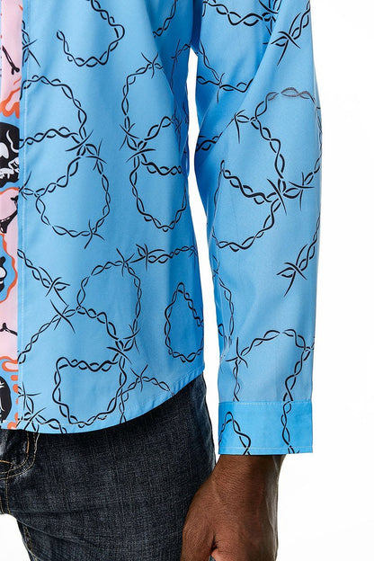 Men's 3D Button Flame Skull Chain Printing Long Sleeves Casual Shirts