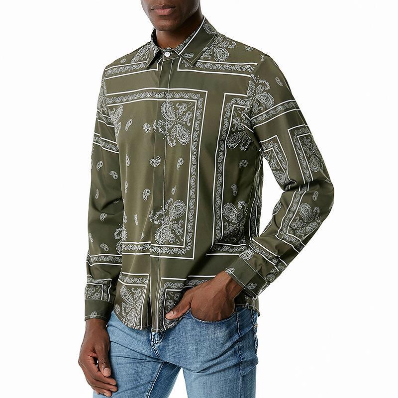 Men's 3D Button Retro Printing Long Sleeves Casual Shirts