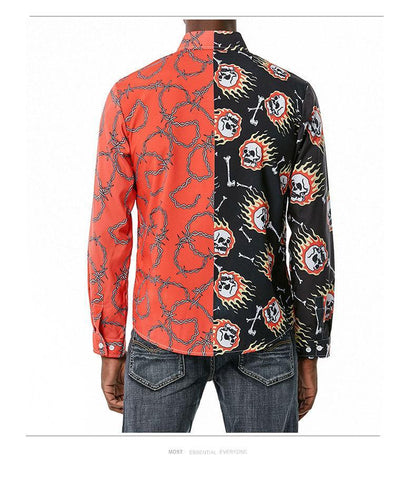 Men's 3D Button Flame Skull Chain Printing Long Sleeves Casual Shirts