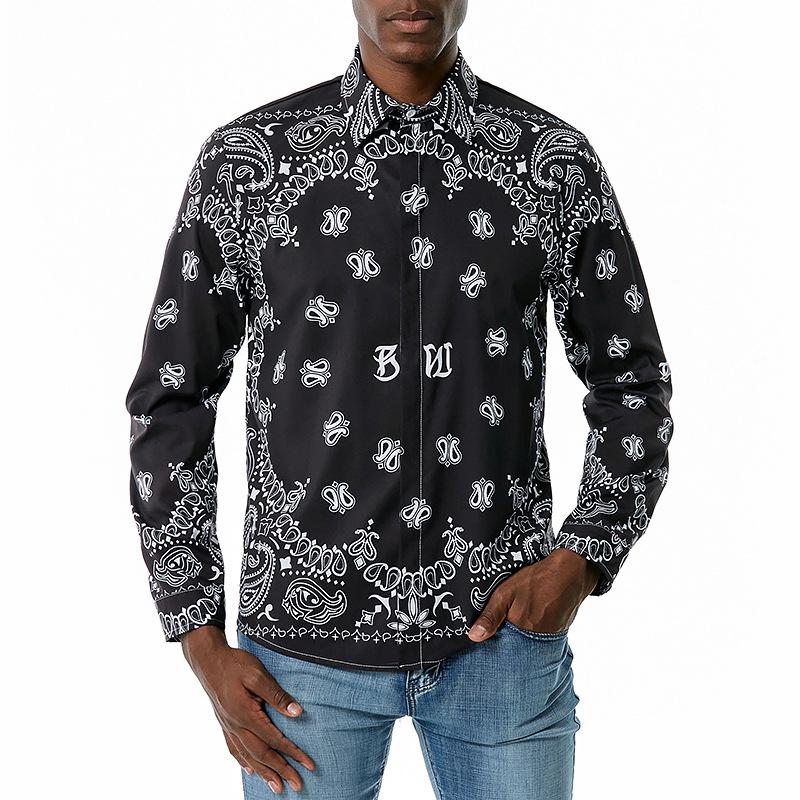 Men's 3D Button Retro Printing Long Sleeves Casual Shirts