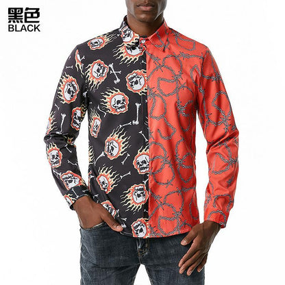 Men's 3D Button Flame Skull Chain Printing Long Sleeves Casual Shirts