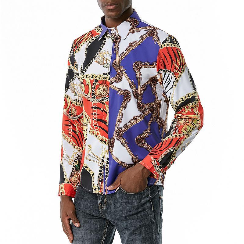 Men's 3D Button Royal Style Chain Printing Long Sleeves Casual Shirts