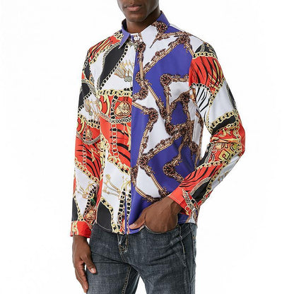 Men's 3D Button Royal Style Chain Printing Long Sleeves Casual Shirts