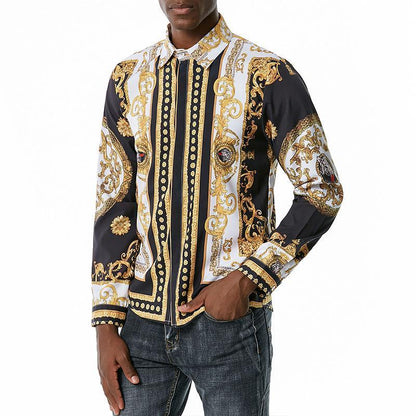 Men's 3D Button Royal Style Chain Printing Long Sleeves Casual Shirts