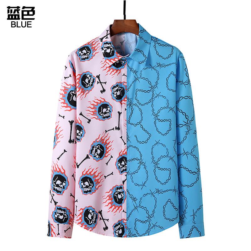 Men's 3D Button Flame Skull Chain Printing Long Sleeves Casual Shirts