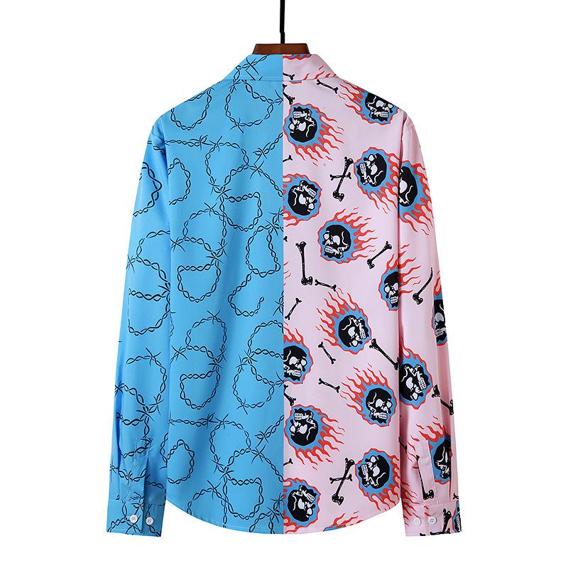 Men's 3D Button Flame Skull Chain Printing Long Sleeves Casual Shirts