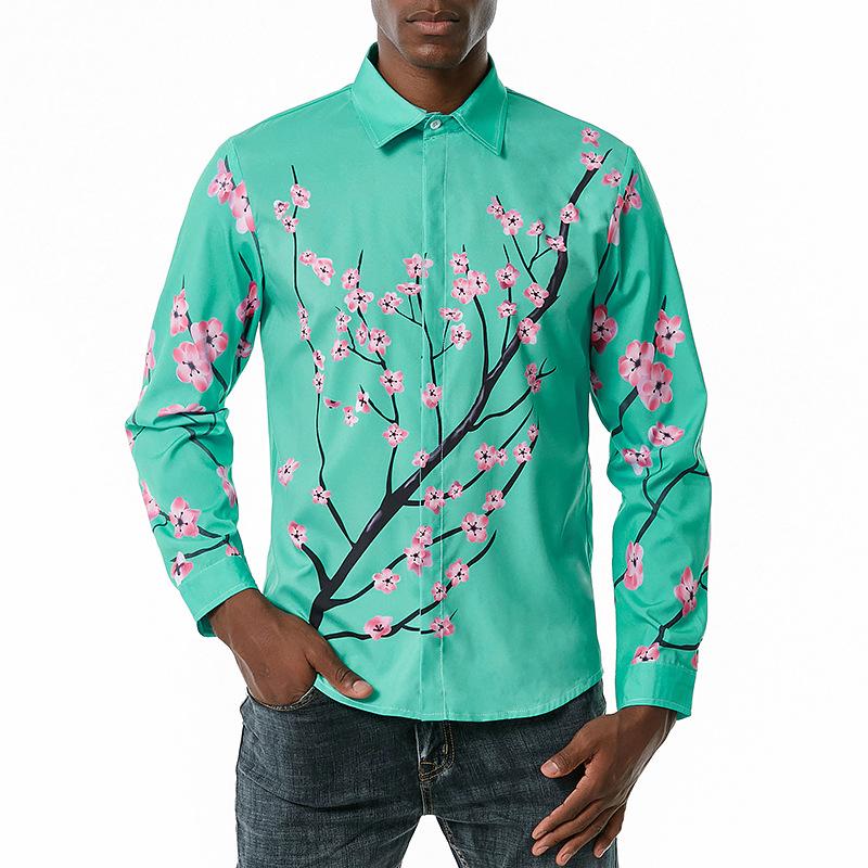 Men's 3D Button Flower Printing Long Sleeves Casual Shirts