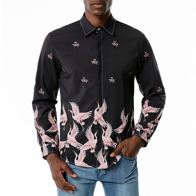 Men's 3D Button Cranes Printing Long Sleeves Casual Shirts