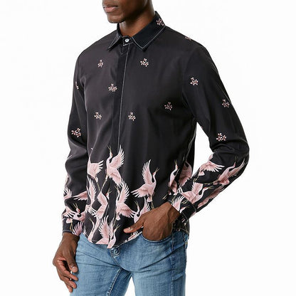 Men's 3D Button Cranes Printing Long Sleeves Casual Shirts