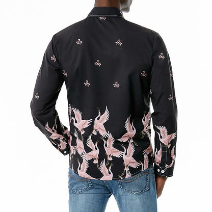 Men's 3D Button Cranes Printing Long Sleeves Casual Shirts