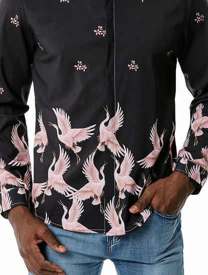 Men's 3D Button Cranes Printing Long Sleeves Casual Shirts