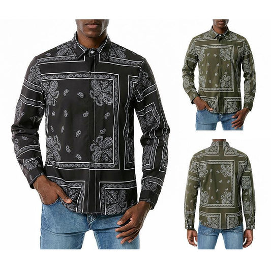 Men's 3D Button Retro Printing Long Sleeves Casual Shirts