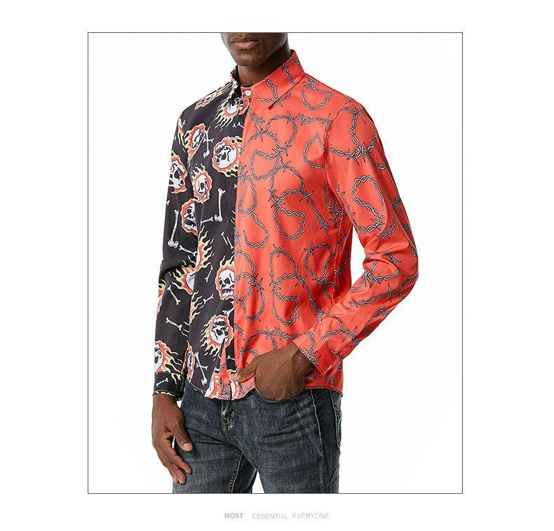 Men's 3D Button Flame Skull Chain Printing Long Sleeves Casual Shirts